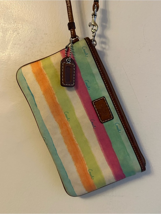 Coach Handbags - Coach Striped Multicolor Canvas Wristlet with Brown Leather Trim
